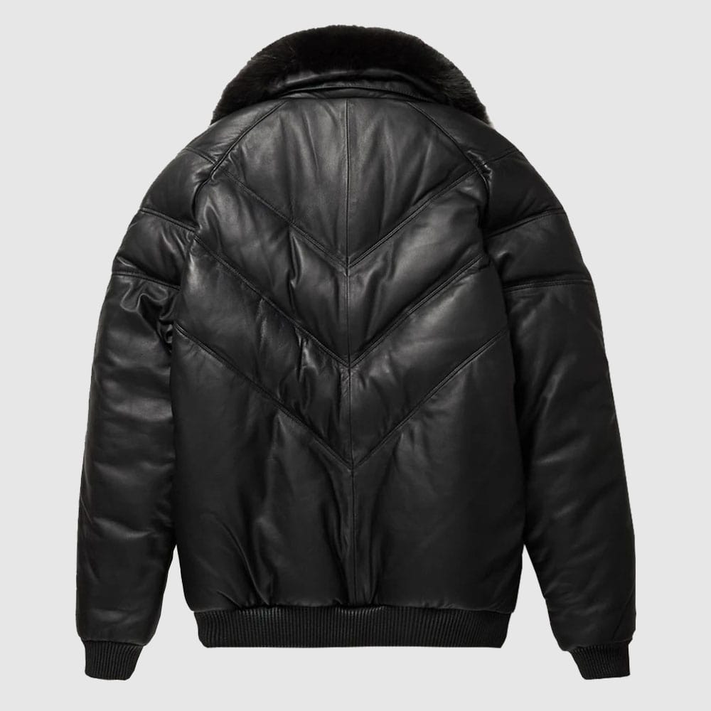 V Bomber leather Jacket Black with Black Fox Fur