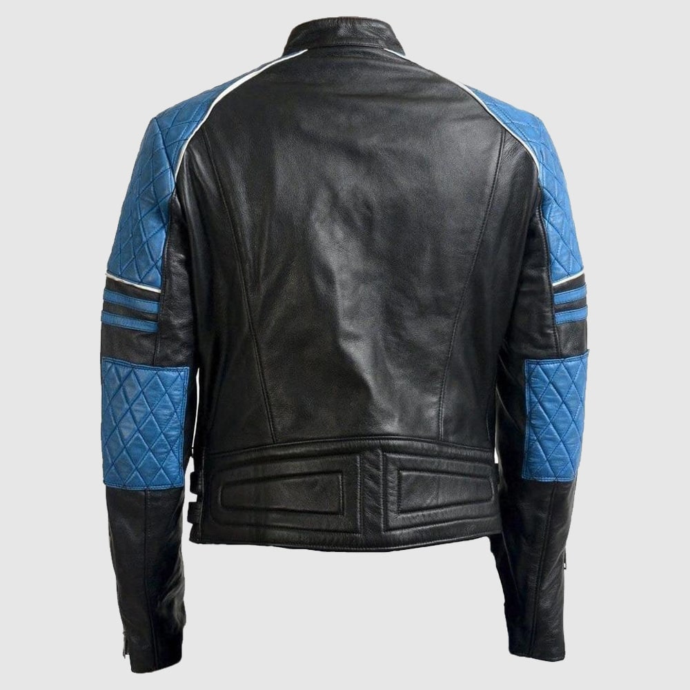 Men Blue Black Motorbike Leather Jacket Men Slim Fit Leather Jacket