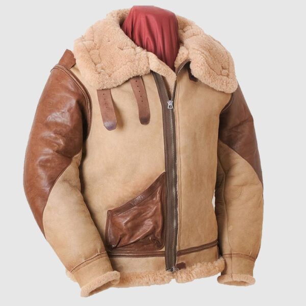 Real Sheepskin Shearling Batch Leather Bomber Flying Pilot Leather Jacket