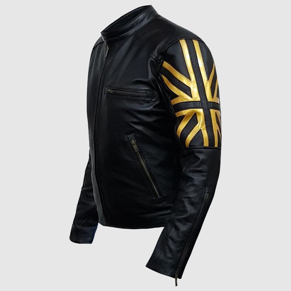 Men Black Gold UK Flag Leather Jacket