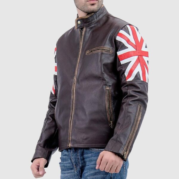 Men Brown Union Jack Sheepskin Leather Jacket