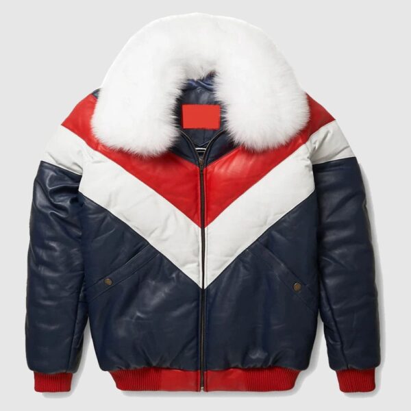 Red and White V Bomber Leather Jacket