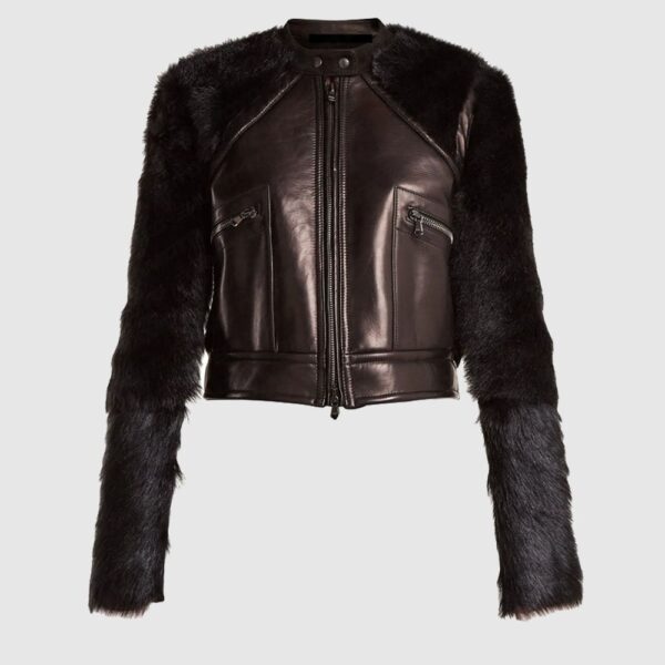 Contrast Sleeve Leather Shearling Biker Jacket