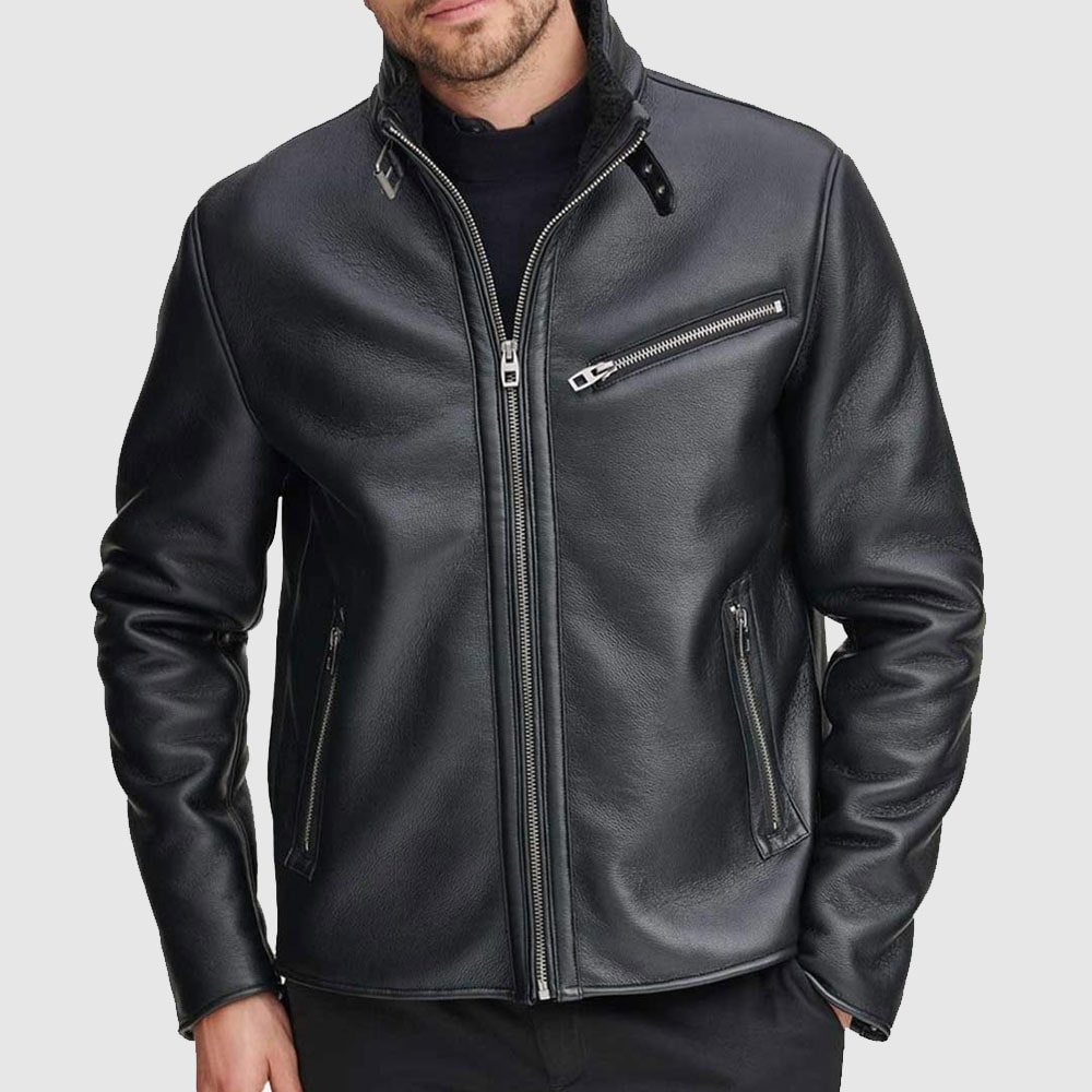 Genuine Black Leather Jacket With Faux Shearling