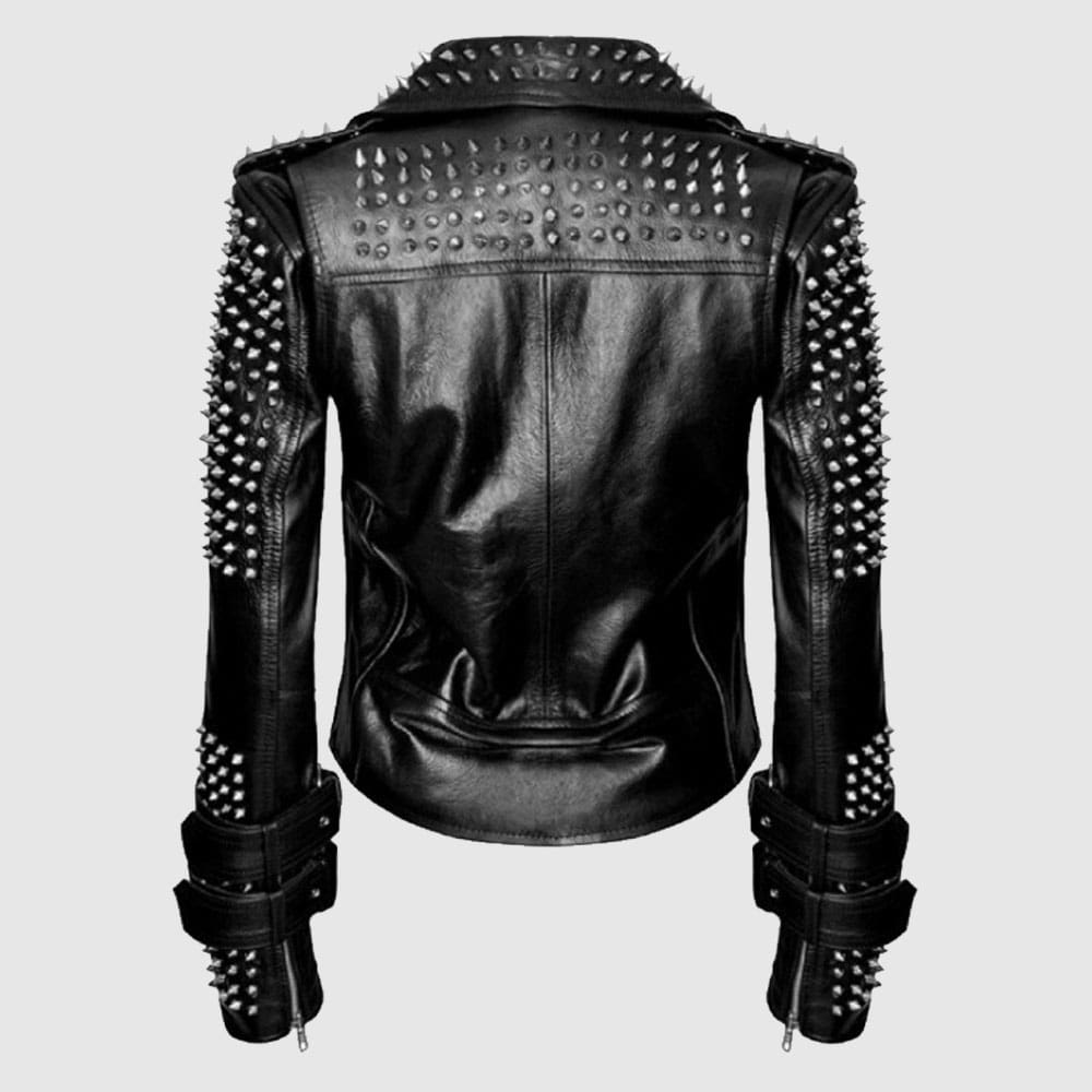 Handmade Women Black Punk Silver Spiked Studded Leather Biker Jacket