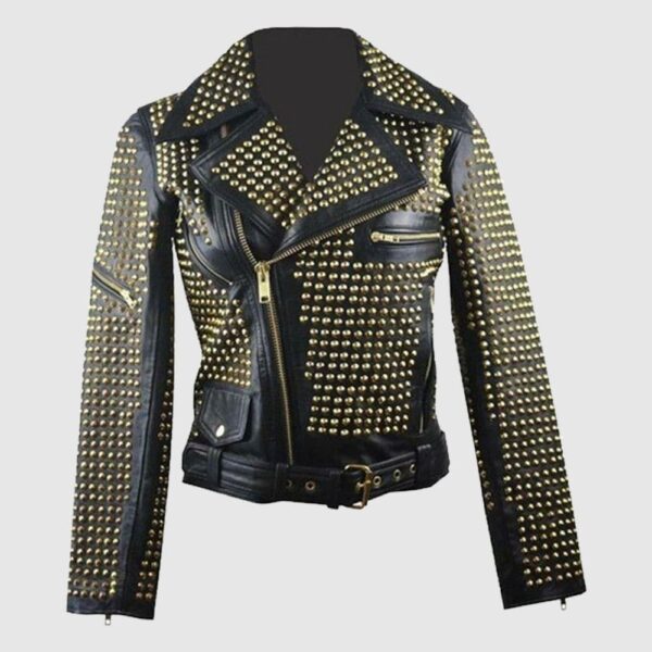 Ladies Black Leather Golden Studded Stylish Jacket Studded Punk Jackets