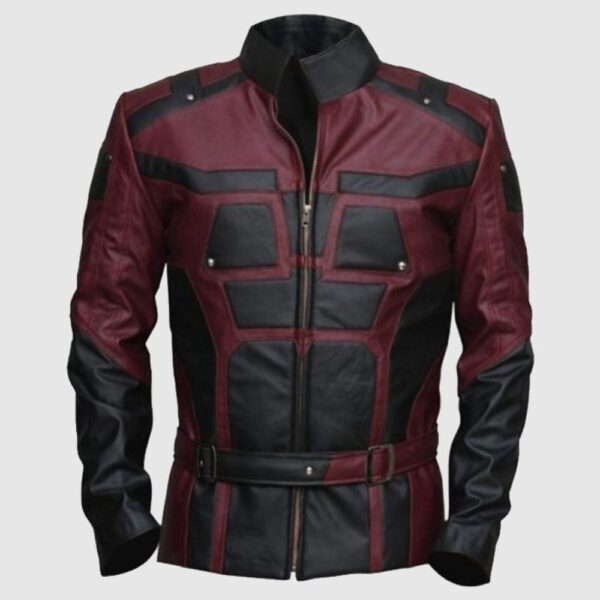 Men Charlie Cox Daredevil Costume Leather Jacket Maroon Black Contrast