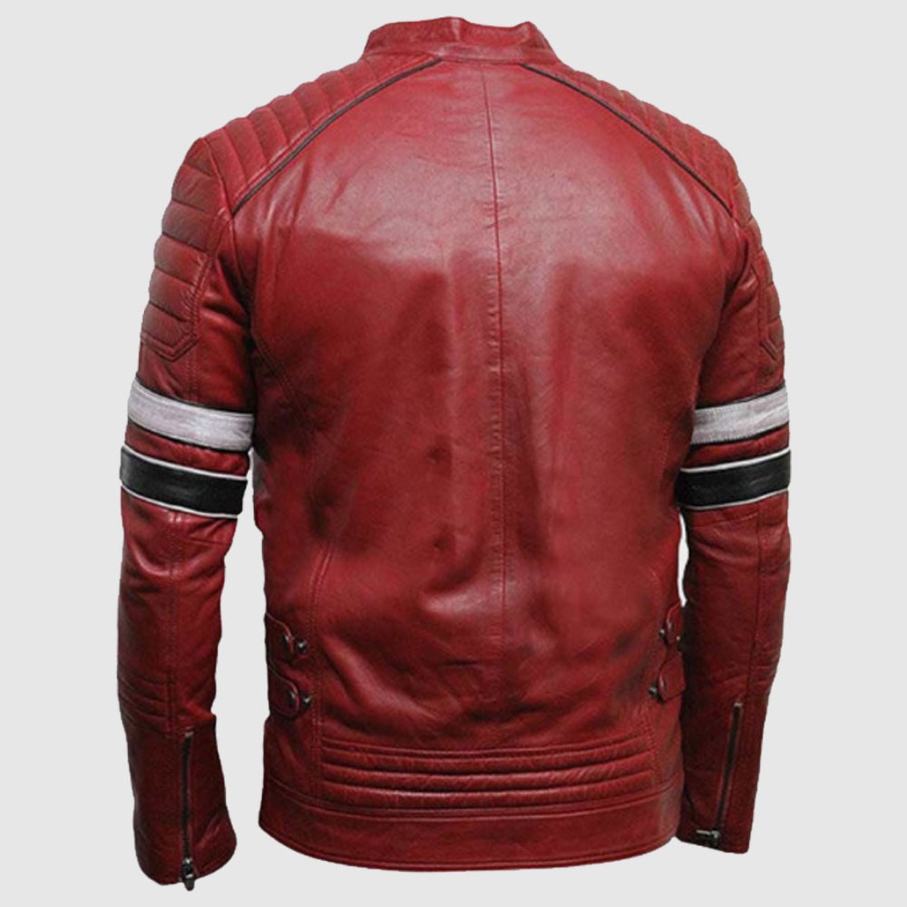 Men Red Leather Biker Fashion Jacket With Stripes Men Leather Apparel