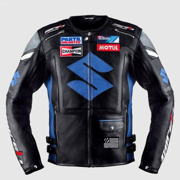 Men Blue Suzuki MotoGP Motorcycle Racing Leather Jacket