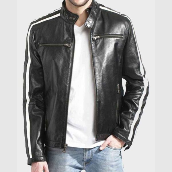 Men White Striped Black Cafe Racer Leather Jacket