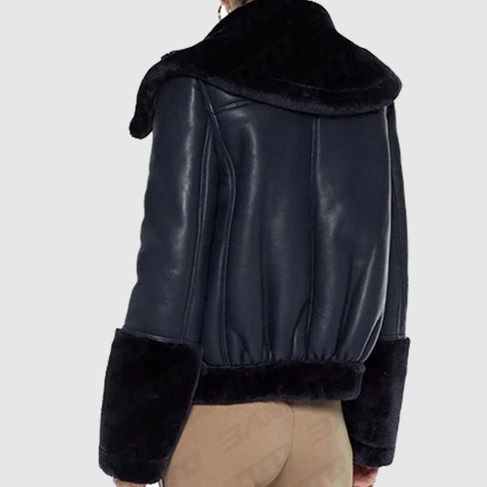 Navy Blue Lambskin Leather And Faux Fur Coat