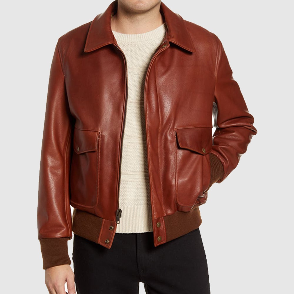Pebble Texture Leather Bomber Jacket For Men-back
