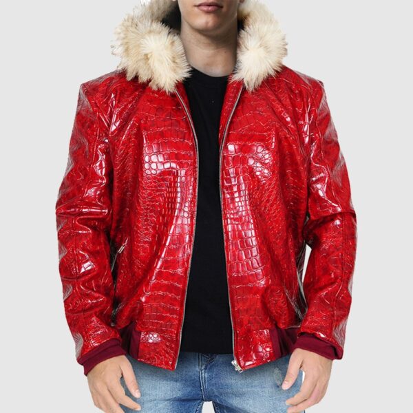 Red Crocodile Leather Jacket fur hooded