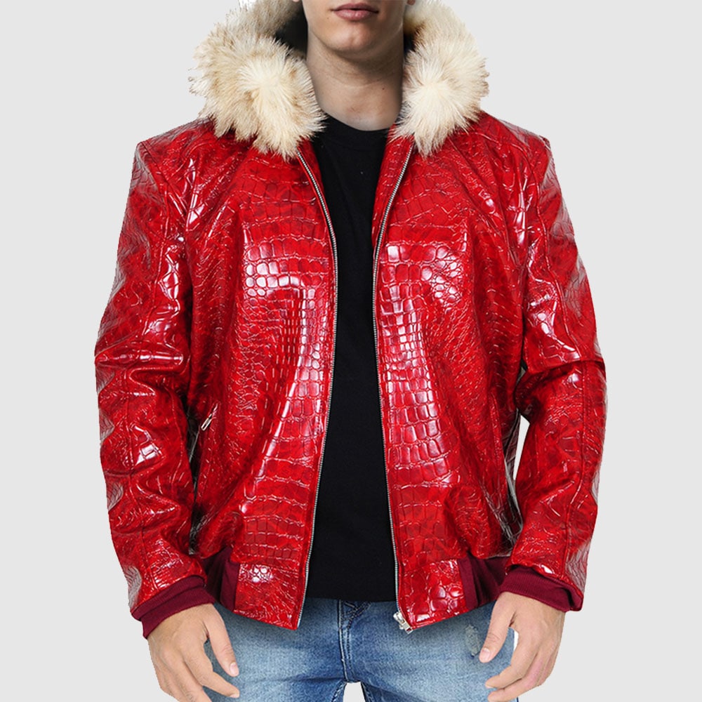 Red Crocodile Leather Jacket fur hooded
