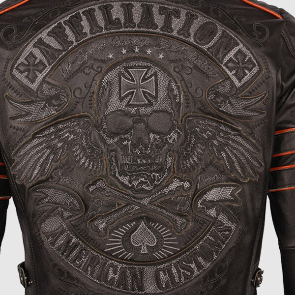 Streetwear Vintage Retro Affiliation Skull Embroidered Genuine Leather Motorcycle Jacket