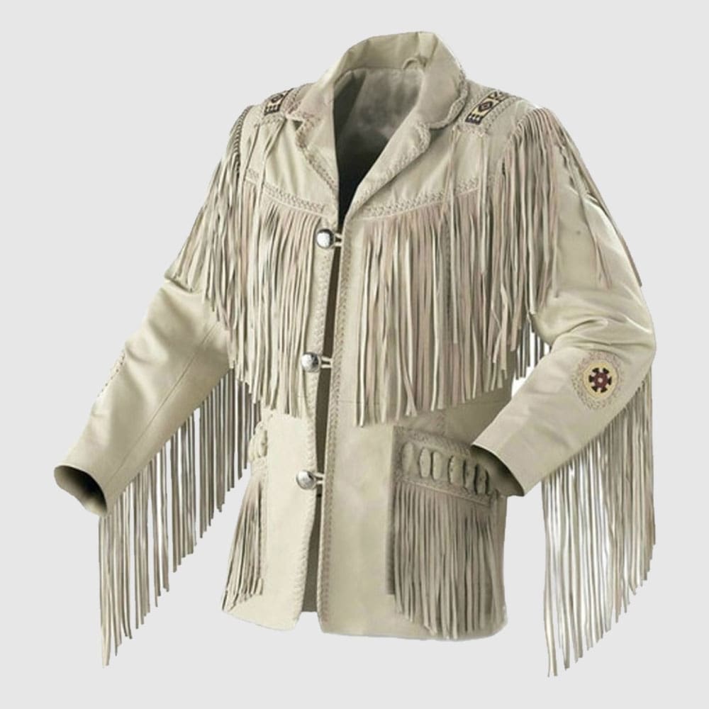 Western Men Cowboy Suede Jacket White Suede Leather Jacket With Fringes
