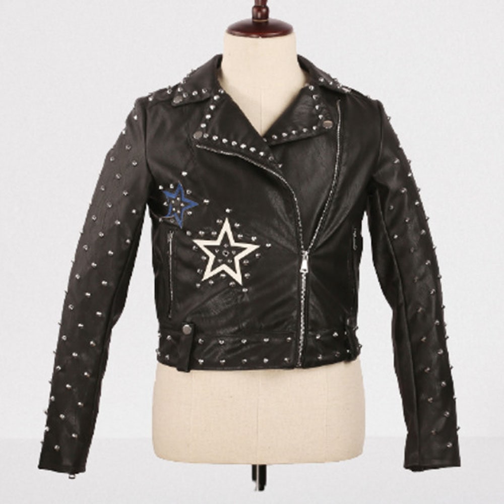 Women Black Leather Studded Jacket With Stars Studded Biker Fashion Jacket