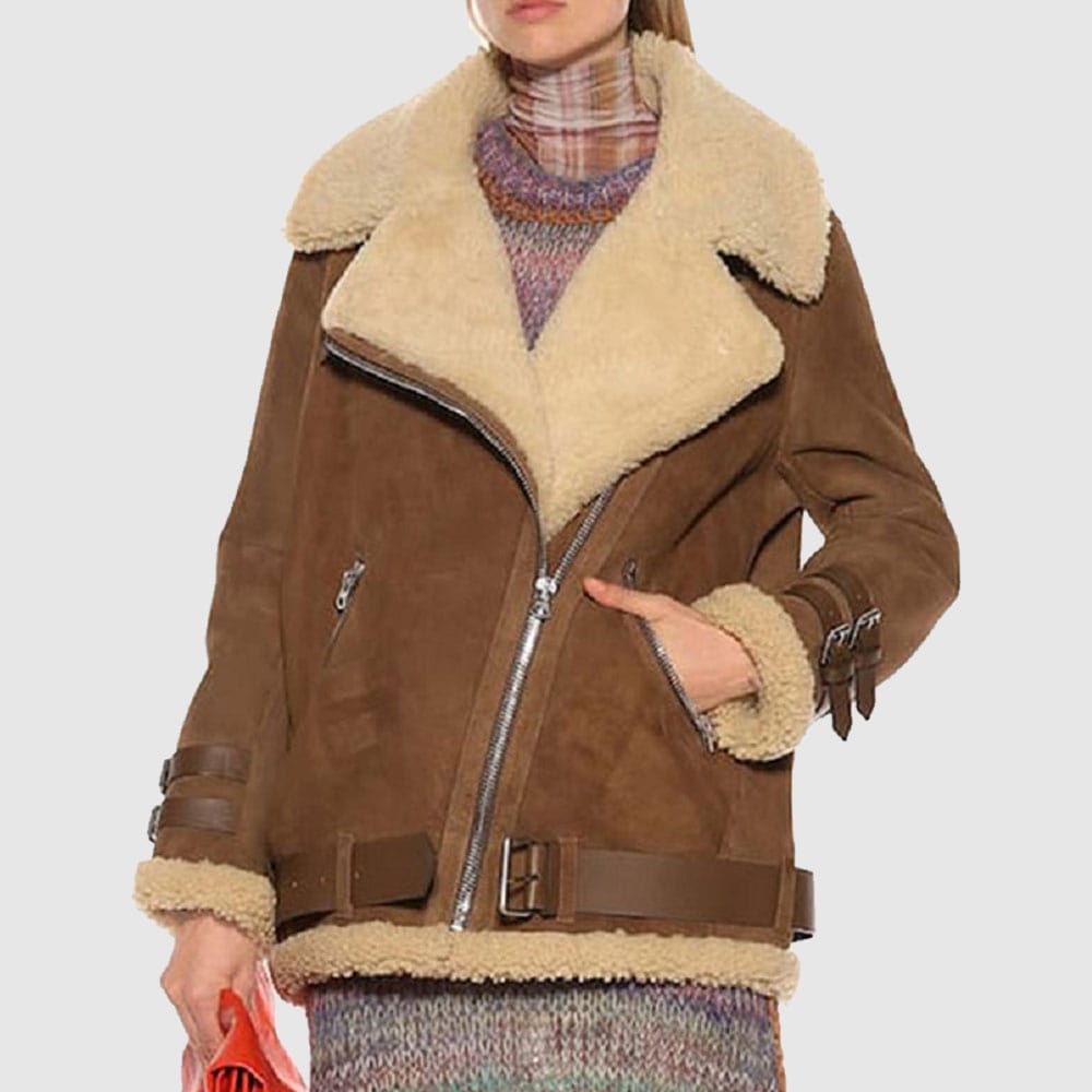 Women Brown Suede Shearling jacket , sheepskin leather jacket