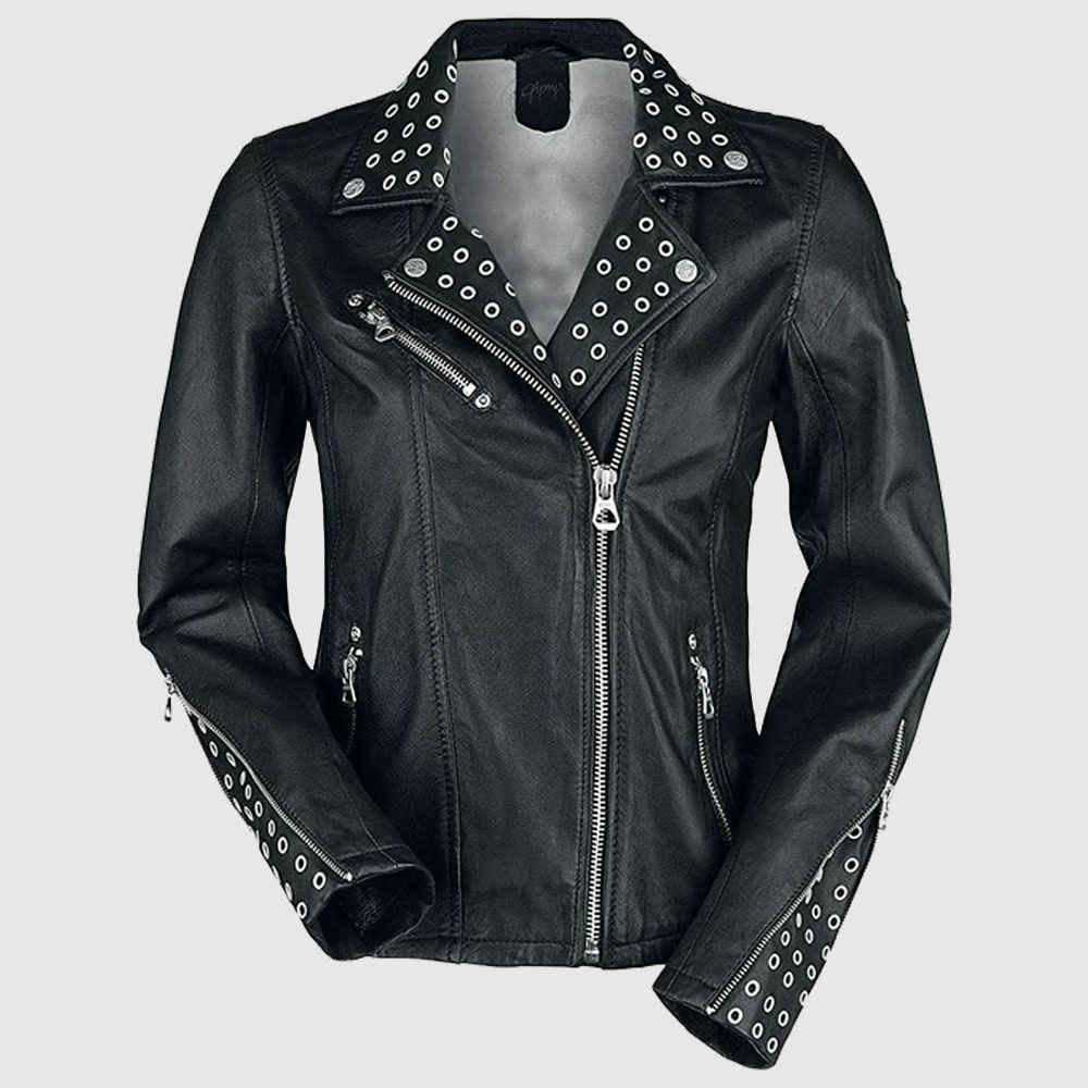 Women Cool Rivet Black Leather Slim-Fit Studded Leather Jacket