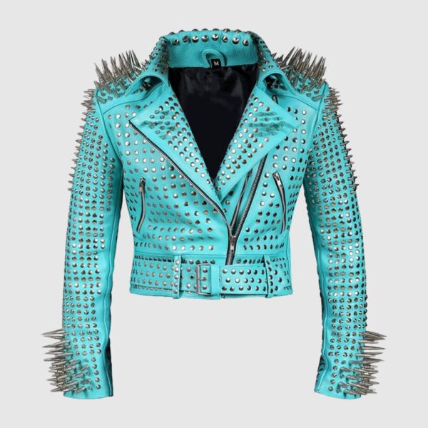 Women Customize Silver Studs Premium Leather Zippered Spiked Brando Jacket