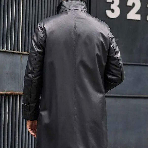 Black Fur Leather Parkas Long Trench Coat back