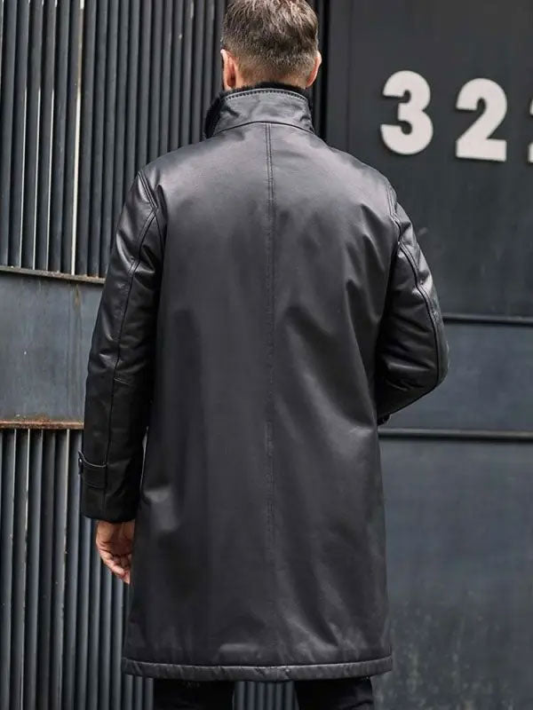 Black Fur Leather Parkas Long Trench Coat back