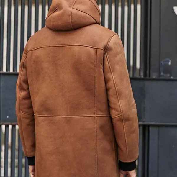 Brown Sheepskin Shearling Fur Hooded Outwear Winter Overcoat Leather Jacket back