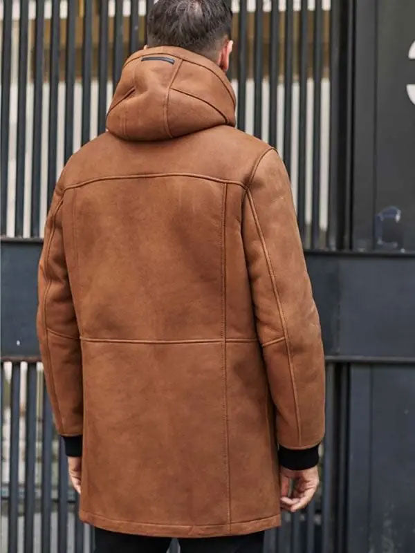 Brown Sheepskin Shearling Fur Hooded Outwear Winter Overcoat Leather Jacket back