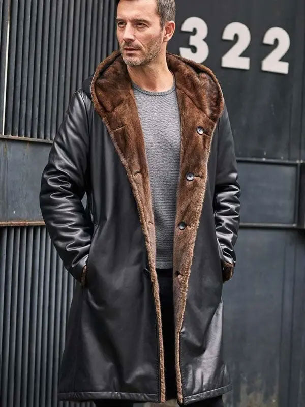 Cowhide Shearling Fur Parkas Hooded Leather Coat