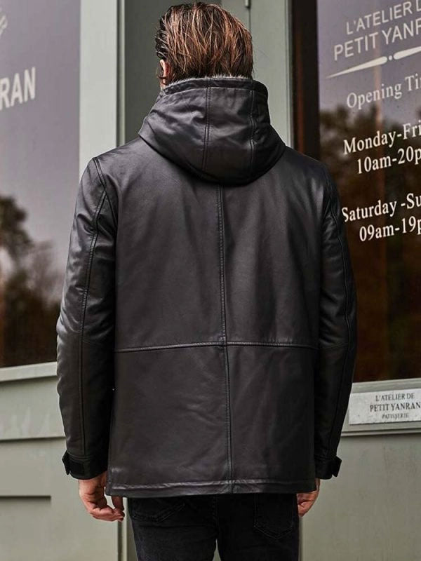 Fur Overcoat Black Leather Jacket Hooded Winter Outerwear Back