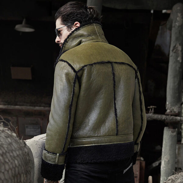 Green Mens RAF Flying Pilot Sheepskin Shearling Leather Jacket Back