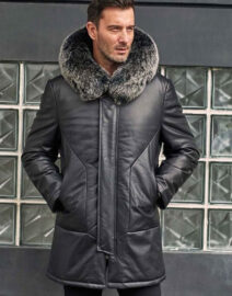 Leather Down Jacket With Fox Fur Collar Hooded Winter Overcoat Long Warm Outwear