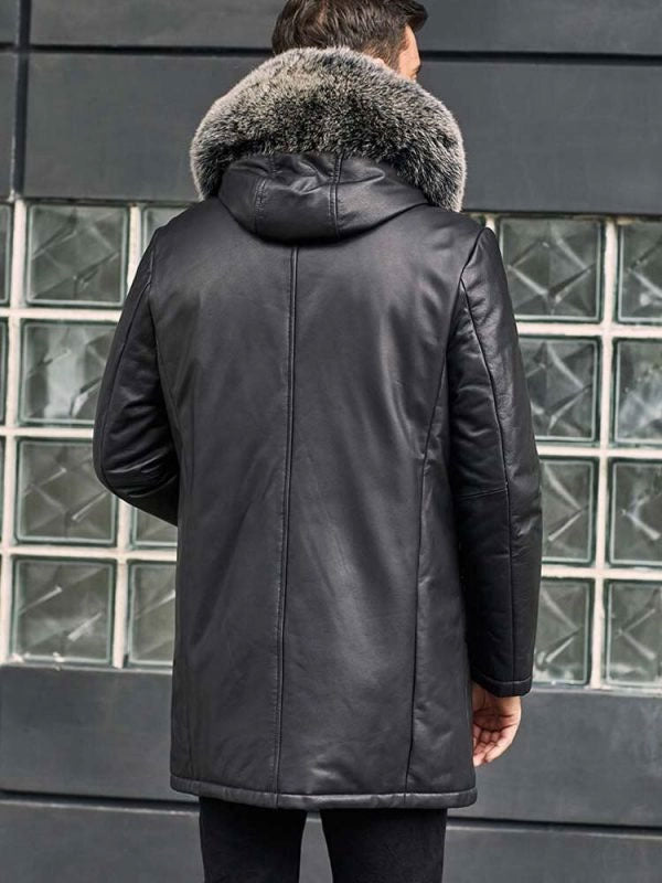 Leather Down Jacket With Fox Fur Collar Hooded Winter Overcoat Long Warm Outwear Back