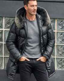 Leather Down Jacket With Fox Fur Collar Long Winter Coat Hooded Warm Overcoat
