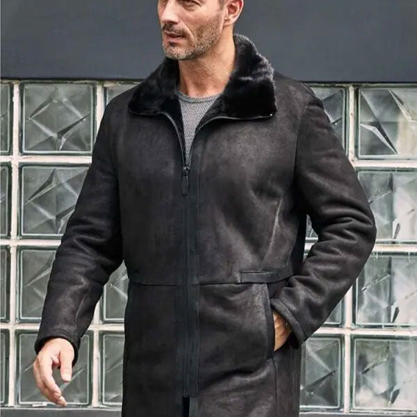 Men Black Shearling Fur Outwear Mink Overcoat Lapel Leather Jacket Coat