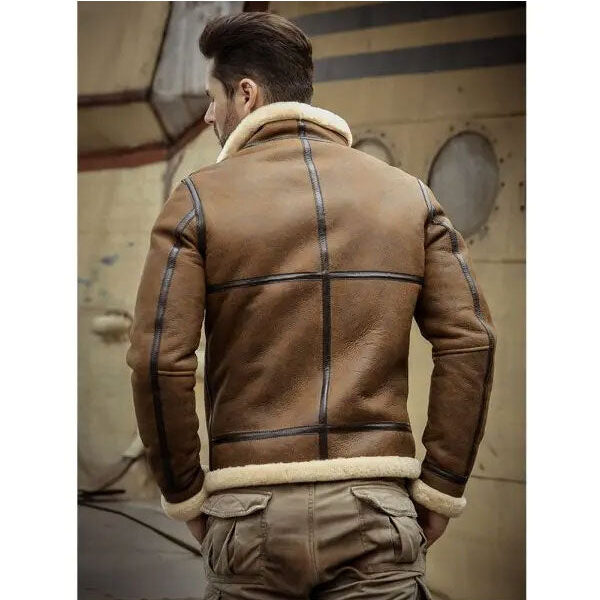 Men Sheepskin Shearling Motorcycle Leather Jacket Back