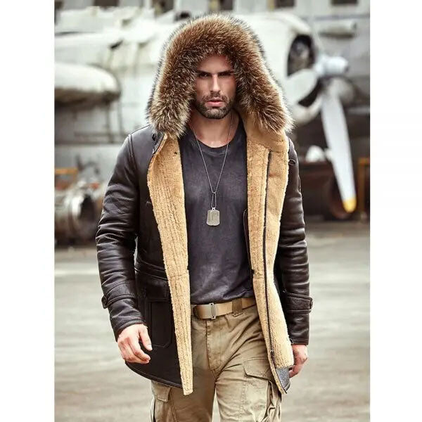 Mens B3 Leather Bomber Shearling Trench Coat full