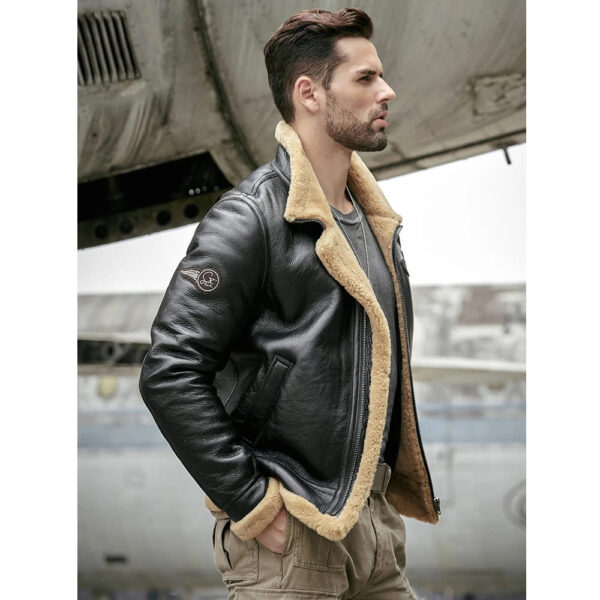 Men's Black RAF Aviator Airforce Sheepskin Shearling Leather Jacket side