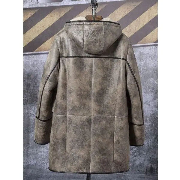 Mens Bomber Shearling Fur Hooded Winter Long Leather Jacket Trench Coat Back