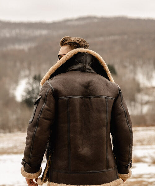 Men's Brown B3 Flying Aviator Shearling Leather Long Jacket Coat Back