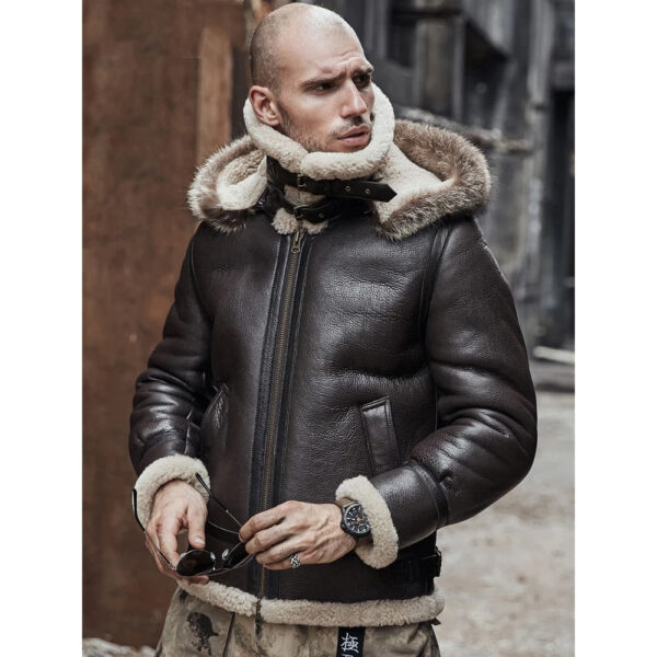 Mens Brown Hooded B3 RAF Aviator Sheep skin Shearling Leather Jacket Side