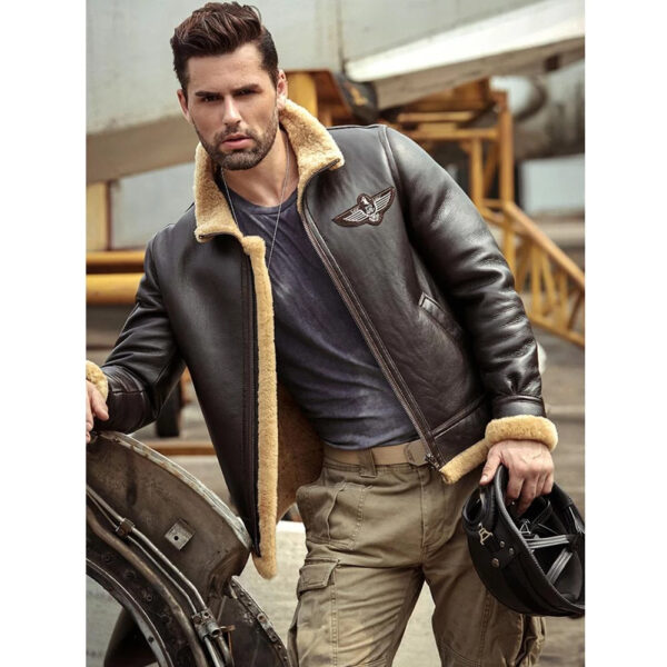 Men's Brown RAF Aviator Airforce Sheepskin Shearling Leather Jacket Back