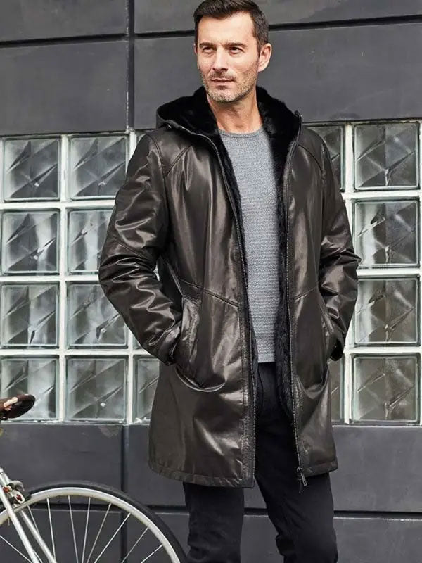Mens Fur Coat Leather Overcoat Hooded Wool Parkas Warmest Winter Outwear