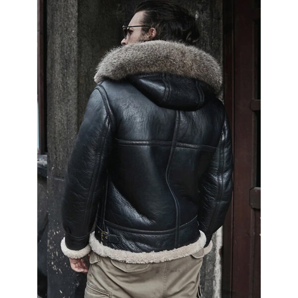 Men's Hooded RAF Aviator B3 Sheepskin Black Shearling Jacket back