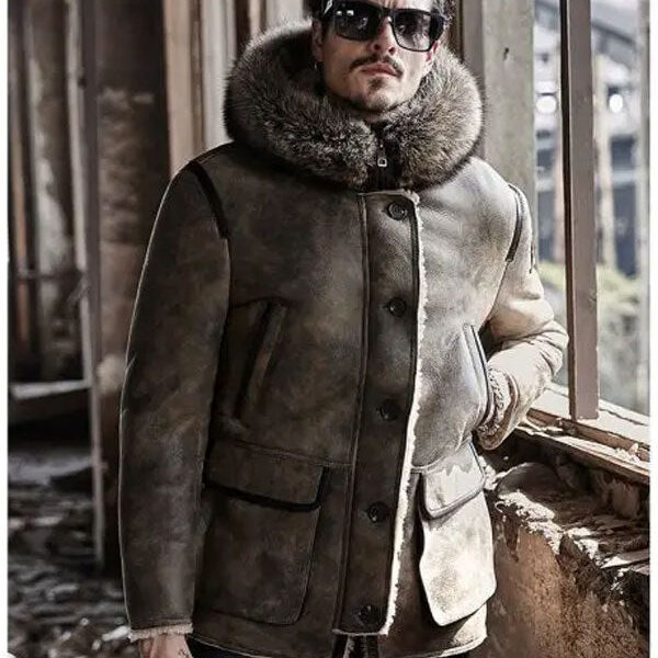 Mens Hooded Shearling Collar Leather Bomber Jacket Side