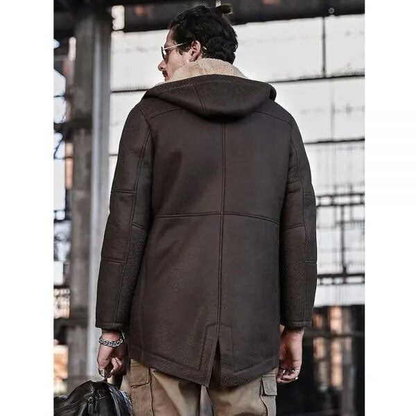 Men's Hooded Shearling Leather Long Trench Coat back