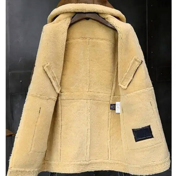 Mens Hooded Sheepskin Shearling Leather Jacket Inside