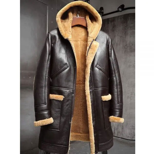 Mens RAF Hooded Shearling Fur Sheepskin Leather Long Jacket Winter Coats Side