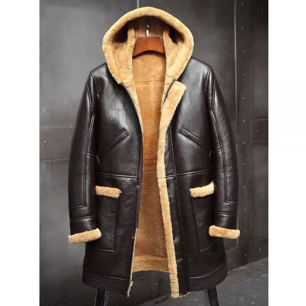 Mens RAF Hooded Shearling Fur Sheepskin Leather Long Jacket Winter Coats