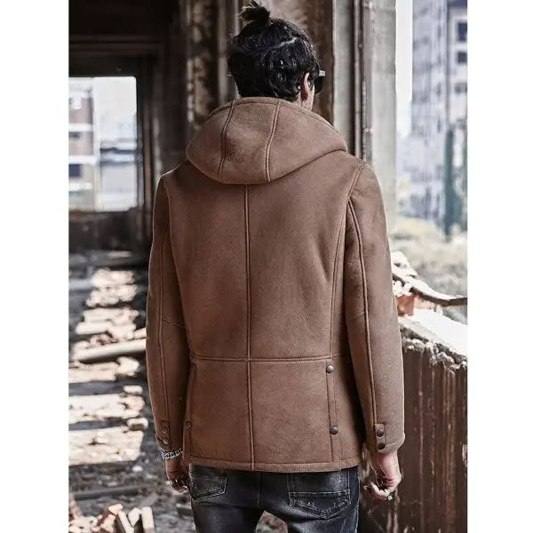 Men's Shearling Hooded Suede Leather Bomber Long Jacket Trench Coat back